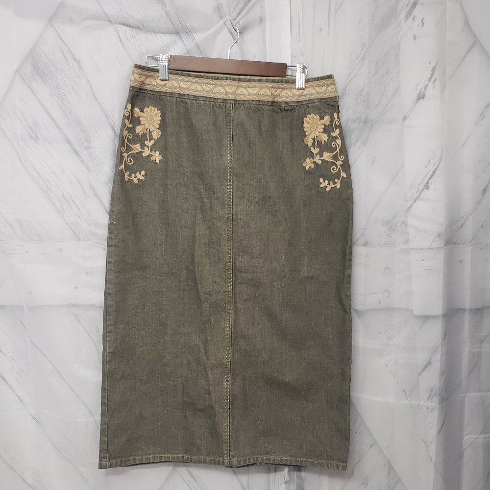 Willi Smith Olive Midi Skirt with Gold Embroidery